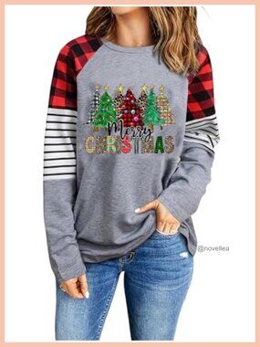 Plus Size Christmas Tree Long Sleeve Cowl Neck Pullover Holiday Top